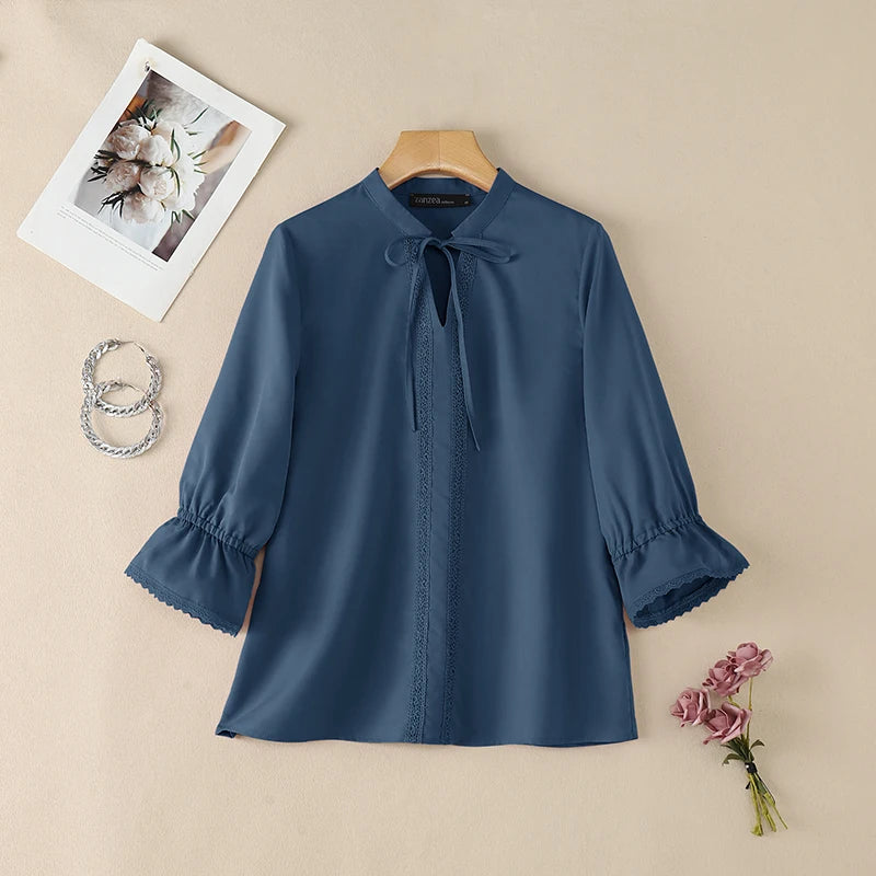 ZANZEA Women Elegant Lace Paneled Blouses Lace-Up V-Neck 3/4 Sleeves Tops Summer Daily Casual Solid Color Blusas de Mujer