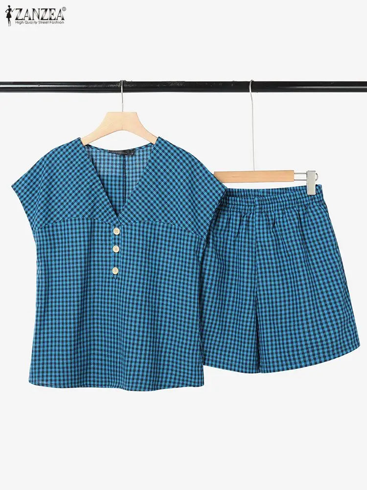 2026 Fashion Summer 2 Pieces Sets ZANZEA Plaid Tracksuit Women V Neck Short Sleeve Blouse Short Sets Casual Holiday Work Outfits
