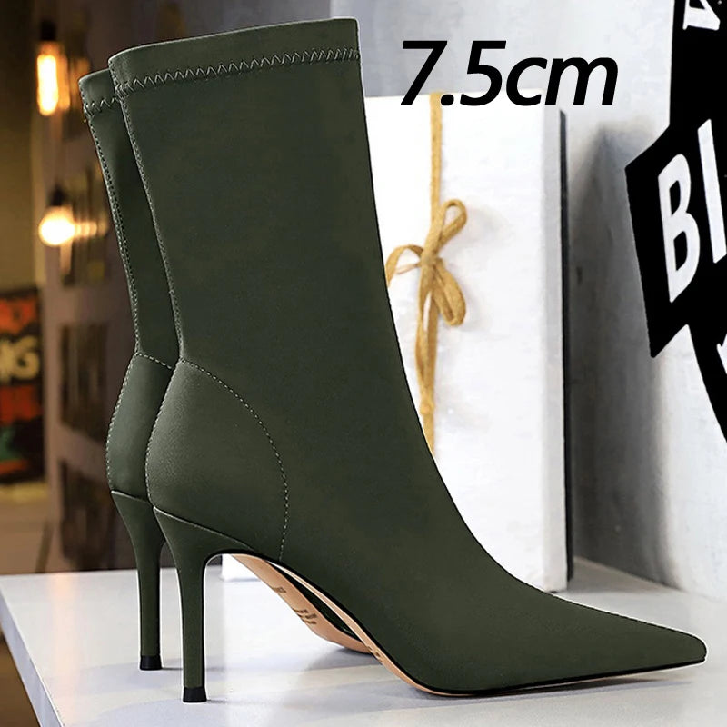 BIGTREE Shoes Stiletto Sexy Elastic Boots Women Shoes Sexy Stretch Fabric Ankle Boots Pointed Tip High Heels Boots Plus Size 43