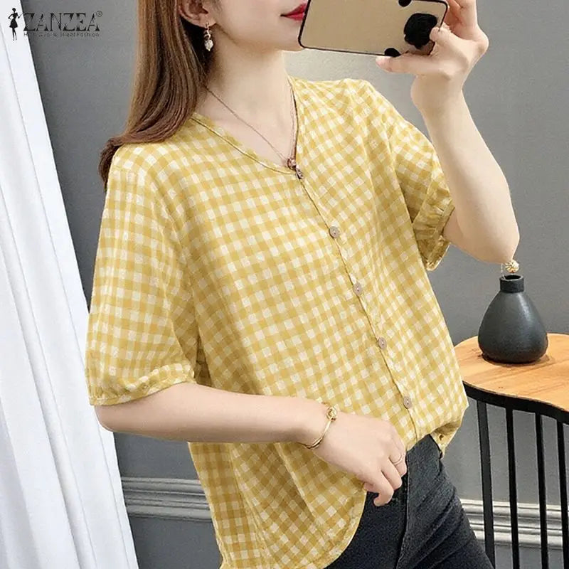 ZANZEA Women Loose Gingham Shirts Vintage Half Puff Sleeve V-Neck Button Up Tops Summer Daily Casual Plaid Blusas de Mujer
