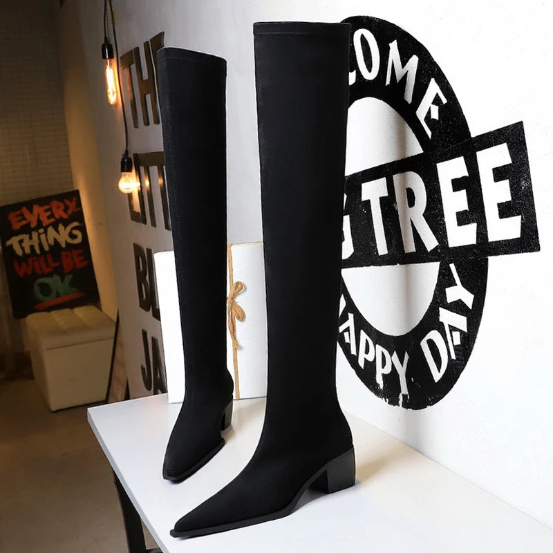 BIGTREE Shoes Slim Fit Over The Knee Boots Women Suede Sexy Long Boots Fashion Winter Boots Thick Heeled Autumn Winter Shoes
