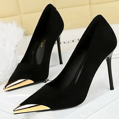 BIGTREE Shoes Metal Pointed Tip Women Pumps Suede High Heels Ladies Shoes Stiletto 9.5 Cm Sexy Party Shoes Women Heels Female