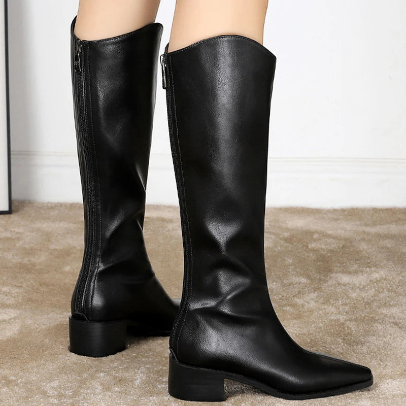 BIGTREE Shoe Women Knee-high Boots Retro Knight Boots Women Shoes Rear Zipper High Boots Thick Heel Autumn Winter Boots Mid Heel
