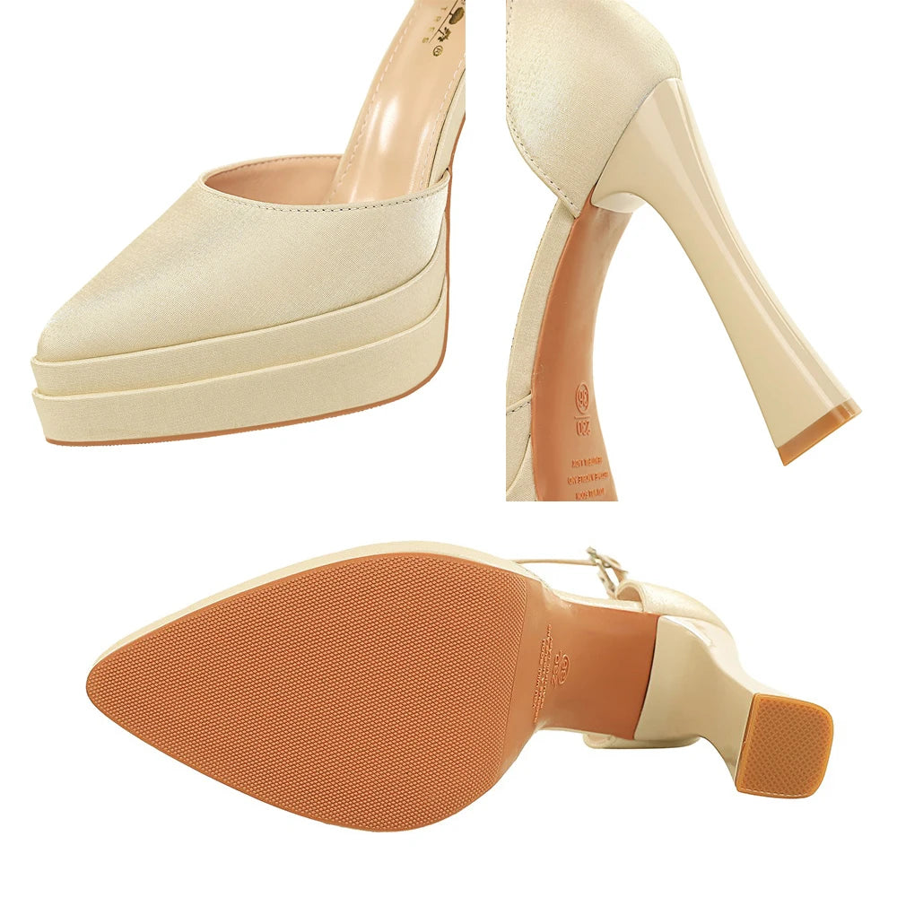 BIGTREE Shoes Double Layer Platform High Heels Women Pumps Silk Satin Chunky Heel High-heeled Sandals Women Summer Shoes 11.5 cm