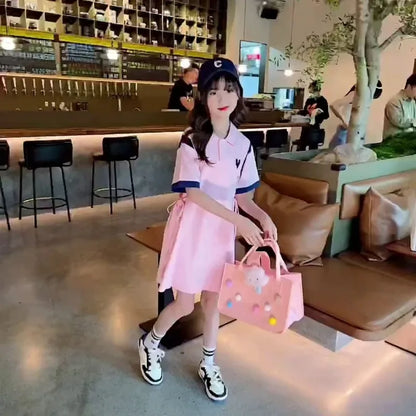 T-shirt Dress Loose Straight Skirt for Medium To Large Kids Girls Clothes From 8 12 Years Old Dresses Girl Summer Pink Teenage 7