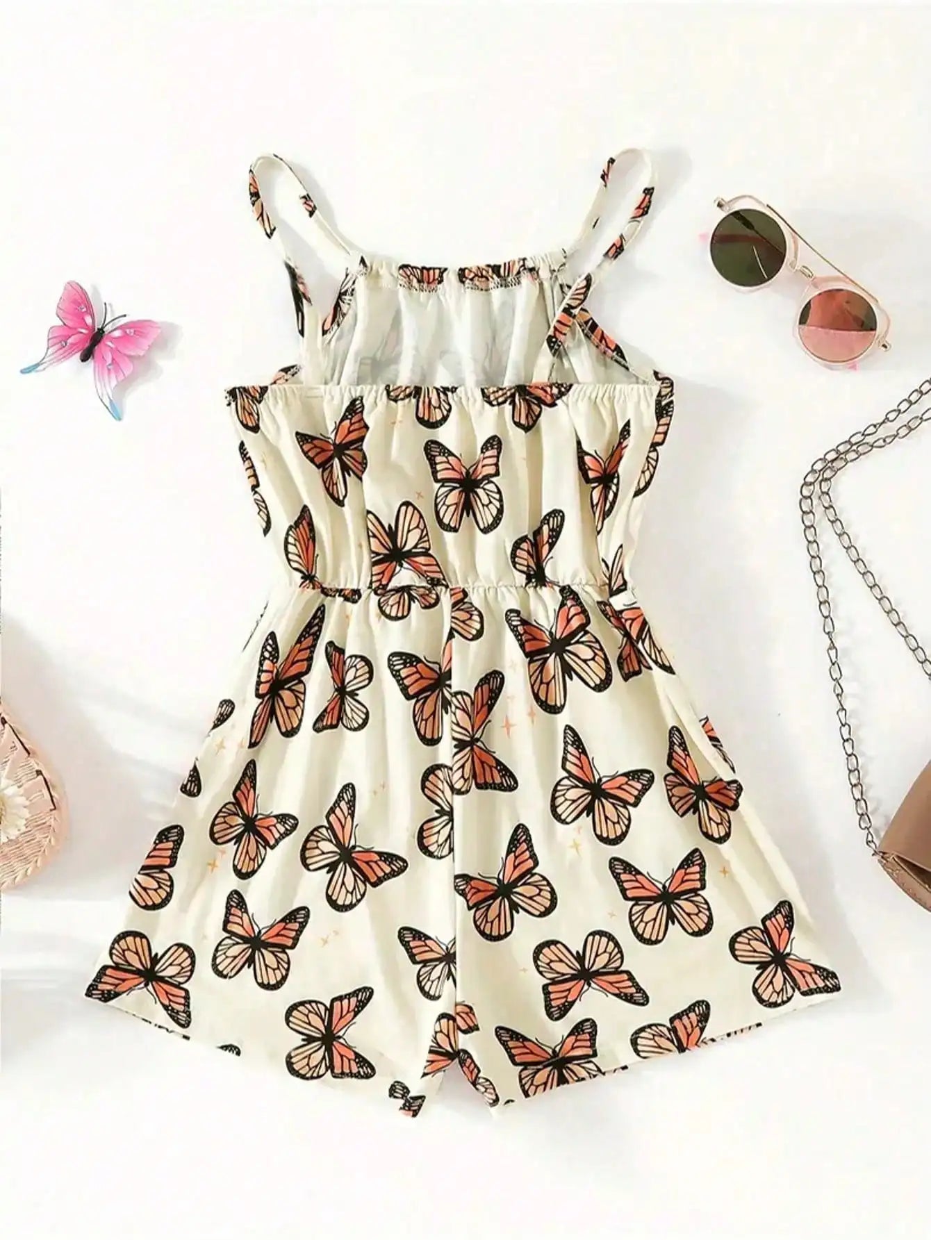 Girls Sleeveless Jumpsuit Summer Casual Breathable Stretchy Cute Butterfly Print Comfortable Fashionable Girls' Outfit