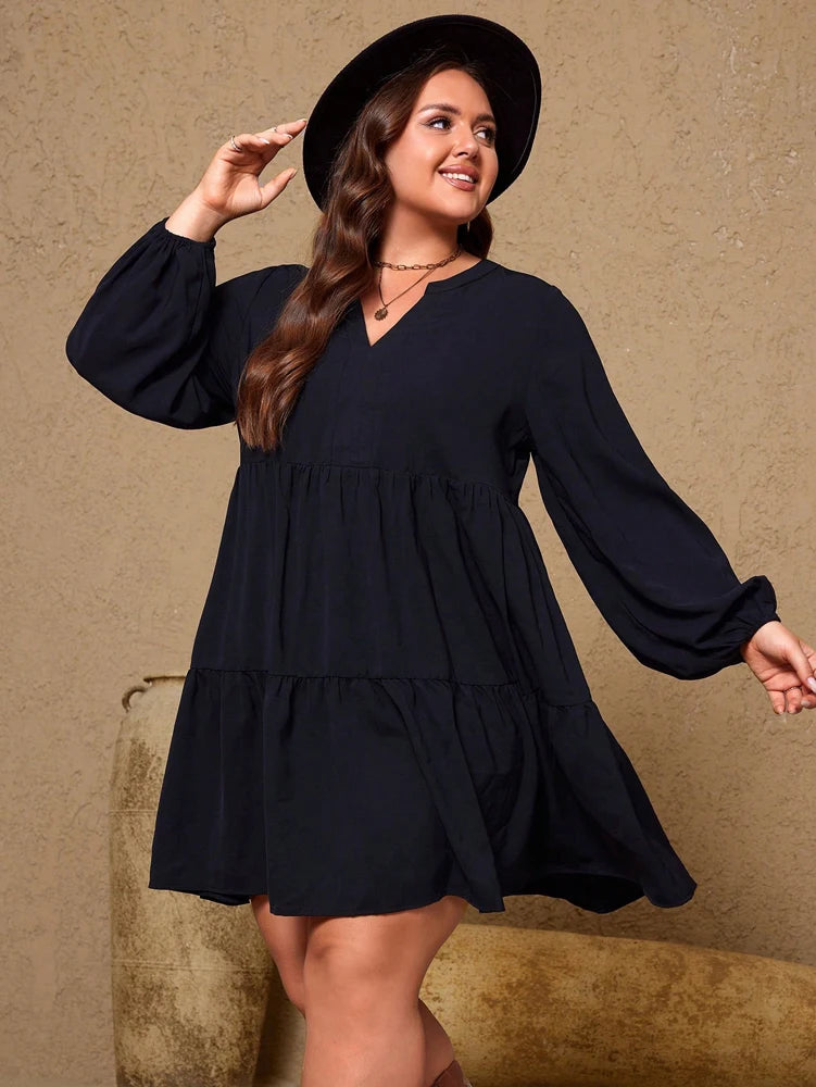 Plus Size Women Black Tiered Mini Dress Split V Neck Lantern Long Sleeve Loose Casual Tunic Dresses With Pockets Soft Flowy Plus