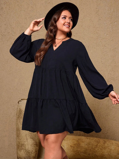 Plus Size Women Black Tiered Mini Dress Split V Neck Lantern Long Sleeve Loose Casual Tunic Dresses With Pockets Soft Flowy Plus