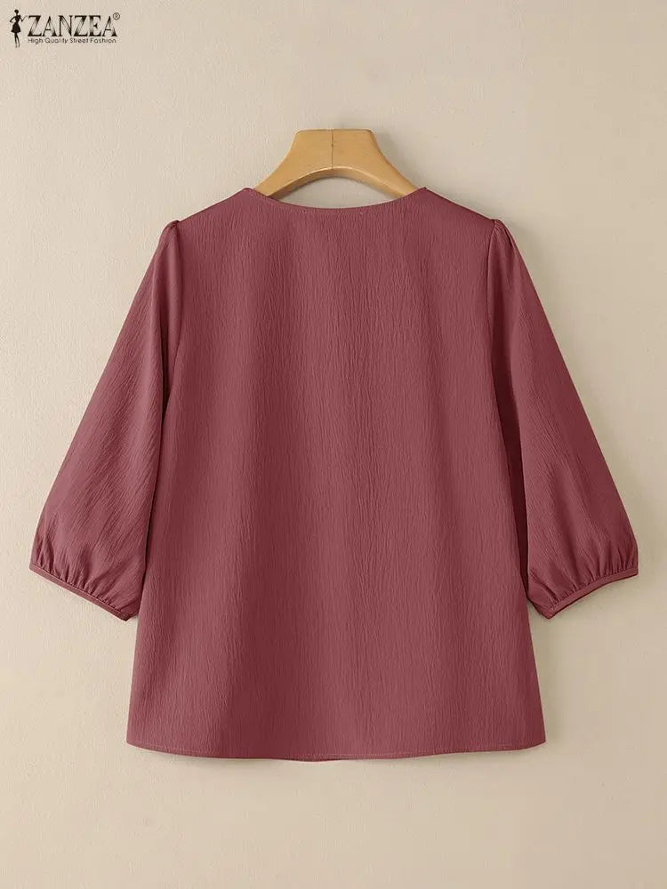 ZANZEA Elegant Bow Detailed Women Blouses Autumn 2025 Keyhole Neck 3/4 Puff Sleeve Crinkled Solid Color Tops Fashion Woman Cloth