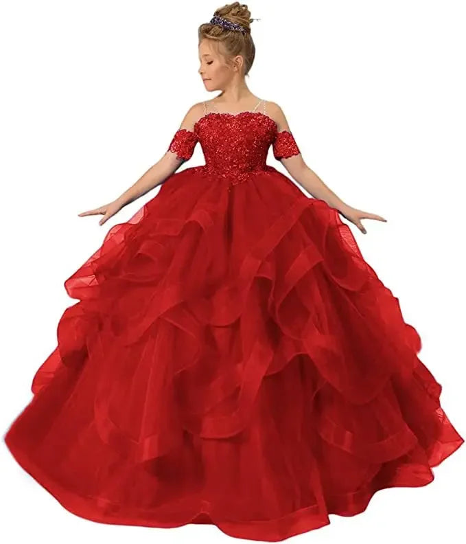 Dress for girls Party Flower Kids Ball Gown Tulle Off Shoulder Children Birthday Wedding Dresses First Communion Gown Clothing