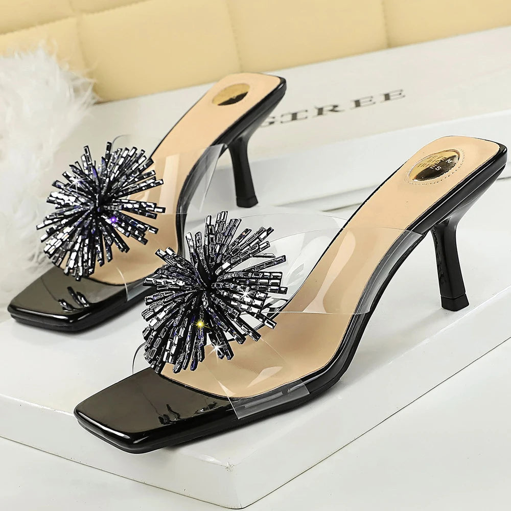 BIGTREE Shoes Rhinestone Flower Heeled Sandals Women Summer Shoes Square Head Slippers Women Transparent Stiletto Heels 6.5 cm