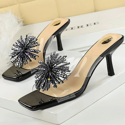 BIGTREE Shoes Rhinestone Flower Heeled Sandals Women Summer Shoes Square Head Slippers Women Transparent Stiletto Heels 6.5 cm