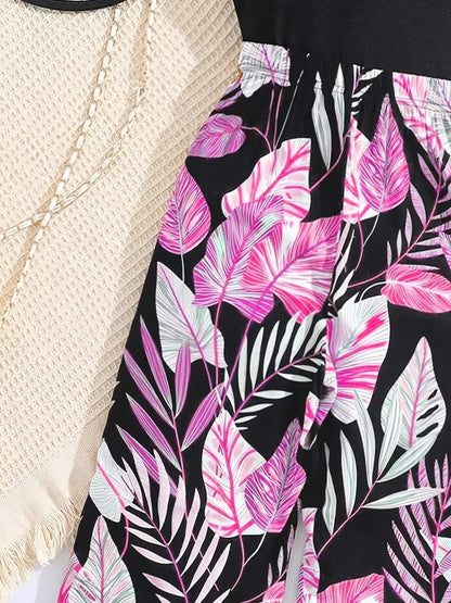 Girls Tropical Jumpsuit – Black Sleeveless Top with Pink Leaf Print Wide Leg Pants Romper for Summer