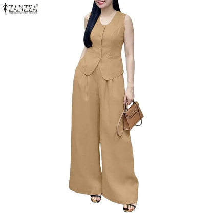ZANZEA Women's Old Money Pant Suits Vintage U-Neck Vest Tops & Wide-Leg Pants 2 Pieces Sets Summer Office Commute 2pcs Outfits