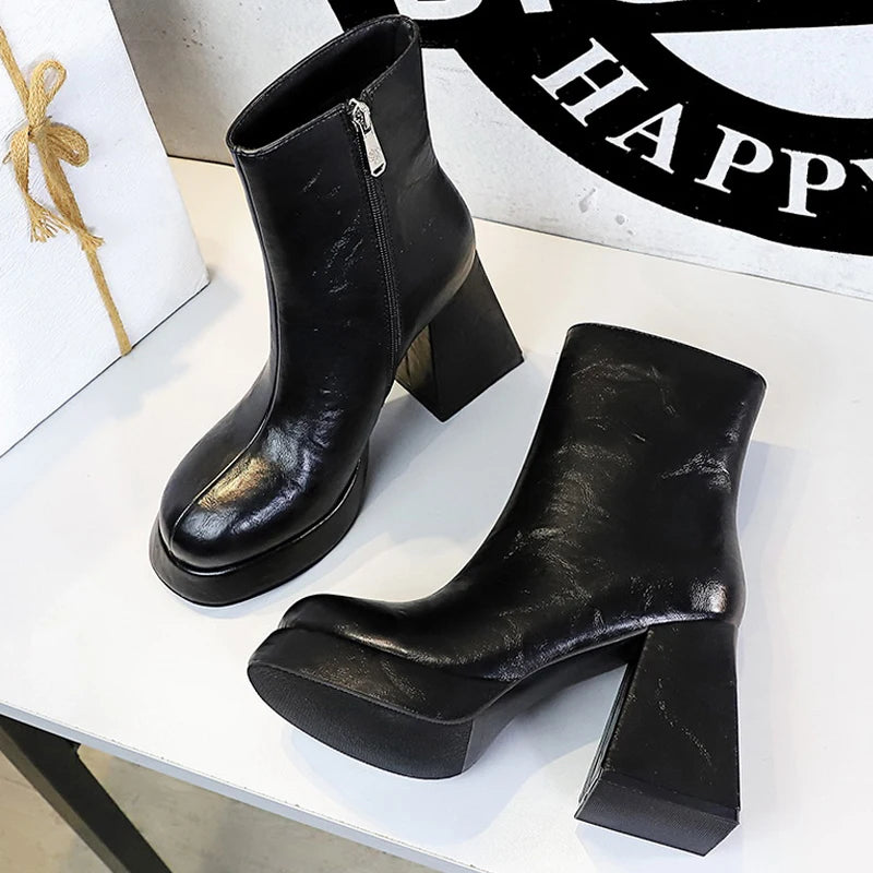 Platform Boots Women Shoes Side Zipper Leather Boots Thick Heel Ladies Ankle Boots Fashion High Heel Boots Autumn Winter Shoes