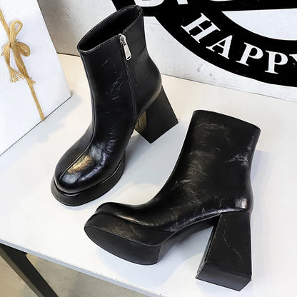 Platform Boots Women Shoes Side Zipper Leather Boots Thick Heel Ladies Ankle Boots Fashion High Heel Boots Autumn Winter Shoes