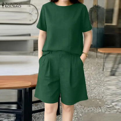 Fashion Summer Short Sleeve Blouse Short Sets 2026 ZANZEA Women Solid Color Tracksuit 2026 Stylish OL Work Outfits 2 Pieces Sets