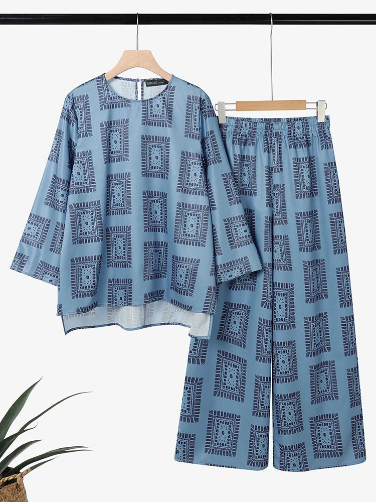 ZANZEA 2025 Autumn Printed Tracksuit Vintage Women Matching Sets Casual O Neck Long Sleeve Tops Wide Leg Pant Sets Loose Outfits