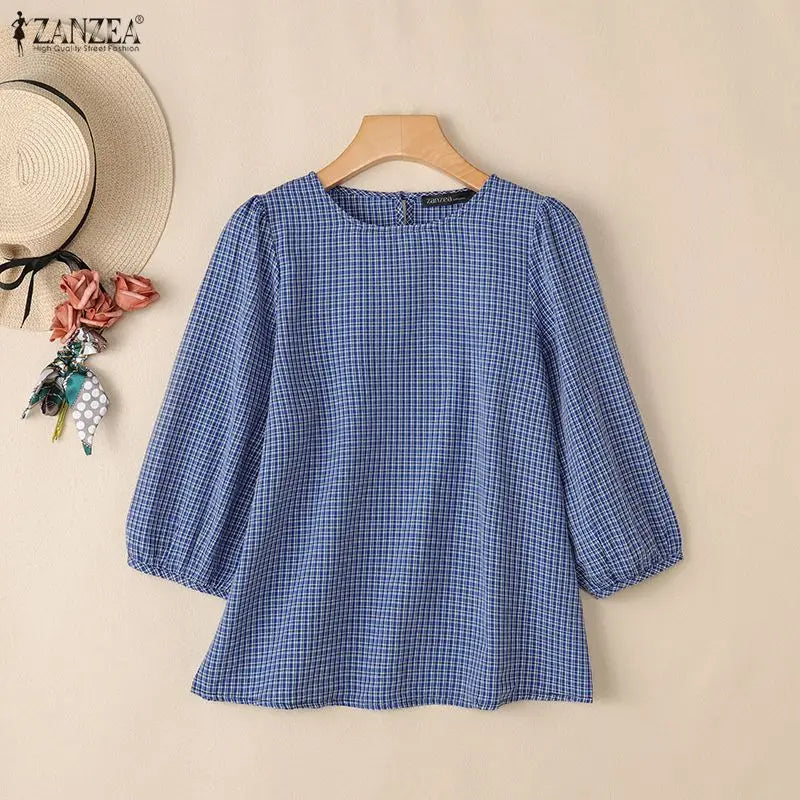 ZANZEA Women Classic Plaid Blouses Casual Round Neck 3/4 Puff Sleeves Loose Gingham Tops 2026 Autumn Everyday Wear Blusas Mujer