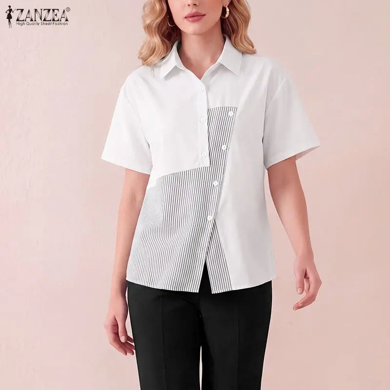 Women Shirt ZANZEA Fashion Patchwork Summer Short Sleeve Tops Striped Tee Oversize Blusas Turn-down Collar Tunic Streetwear