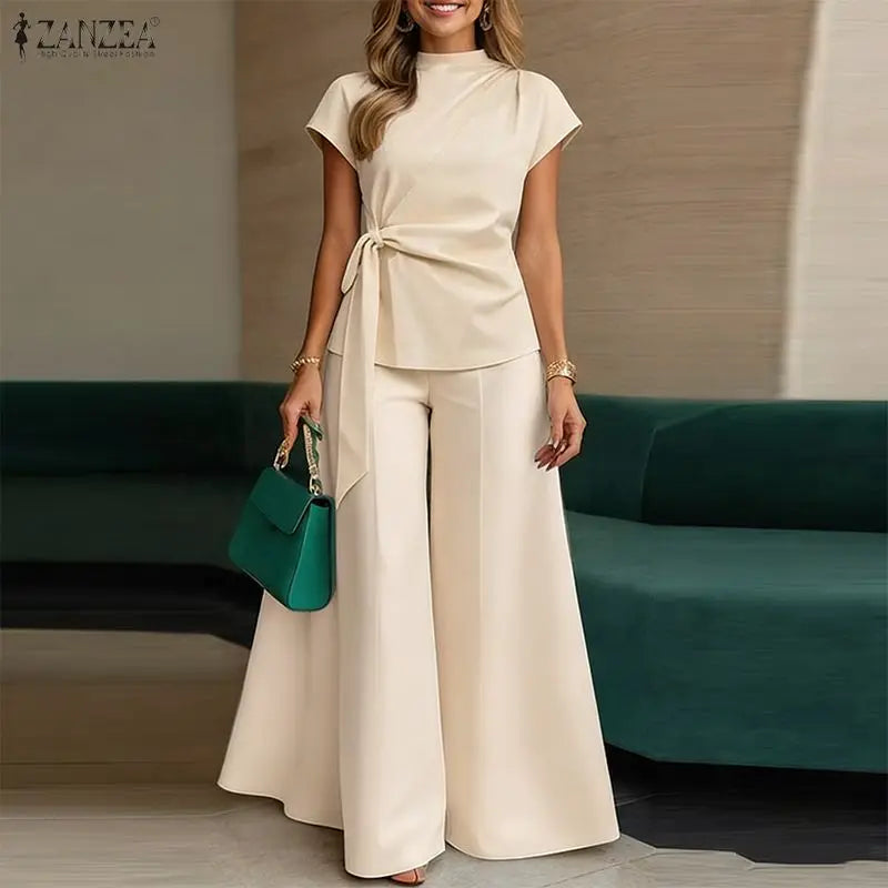 Fashion Women 2 Piece Sets ZANZEA Summer Trousers Suit Short Sleeve Lace-Up Blouse Wide Leg Pant Sets Solid Color OL Work Outfit