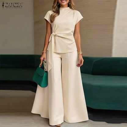 Fashion Women 2 Piece Sets ZANZEA Summer Trousers Suit Short Sleeve Lace-Up Blouse Wide Leg Pant Sets Solid Color OL Work Outfit