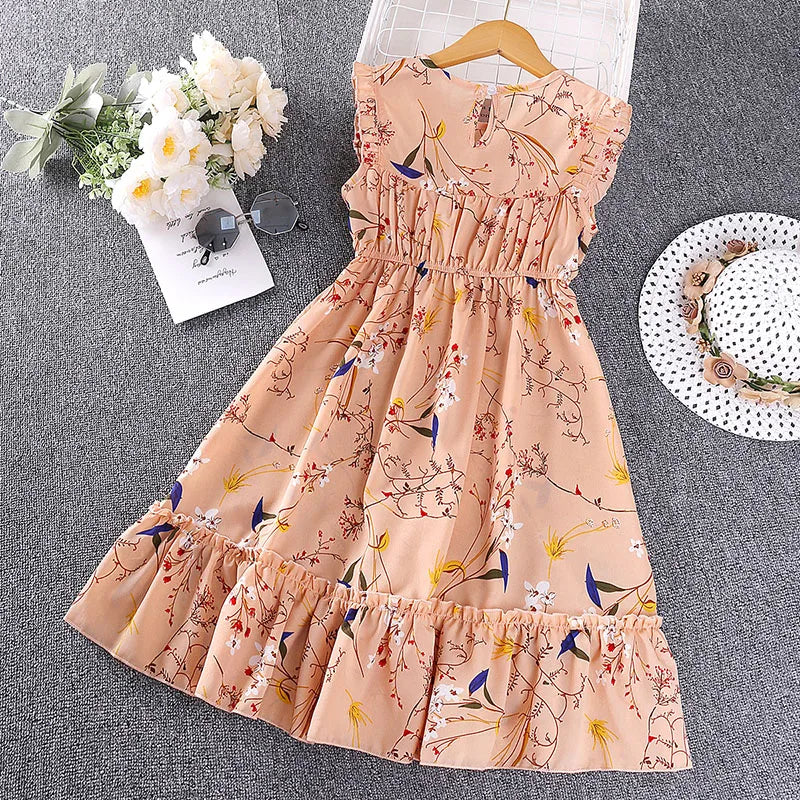 Children Girls Summer Casual Sleeveless Dress 5-12T Crew Neck Floral Dress Cool Breathable Princess Dress Kids Daily Clothes
