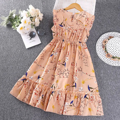 Children Girls Summer Casual Sleeveless Dress 5-12T Crew Neck Floral Dress Cool Breathable Princess Dress Kids Daily Clothes
