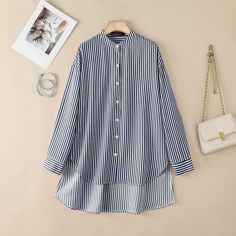 ZANZEA Oversized High-Low Shirts Woman Mandarin Collar Drop-Shoulder Long Sleeve Button Up Blouse Loose Camisas Streetwear 3XL