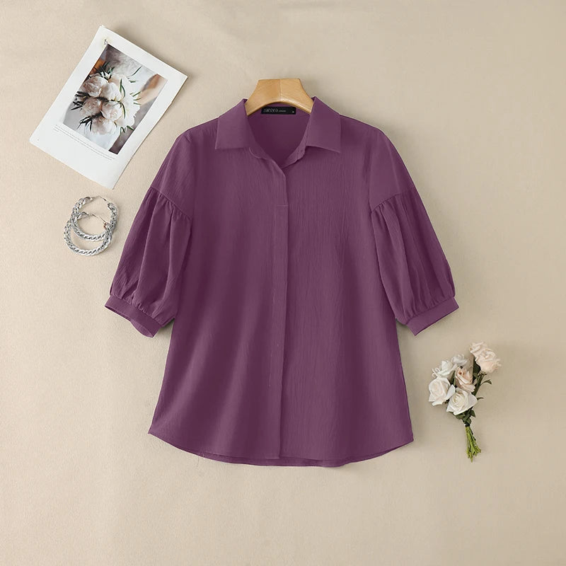 ZANZEA Women's Crinkled Fabric Casual Shirts Turn-Down Collar Half-Buttons 3/4 Lantern Sleeve Blouses Minimalist Solid Color Top