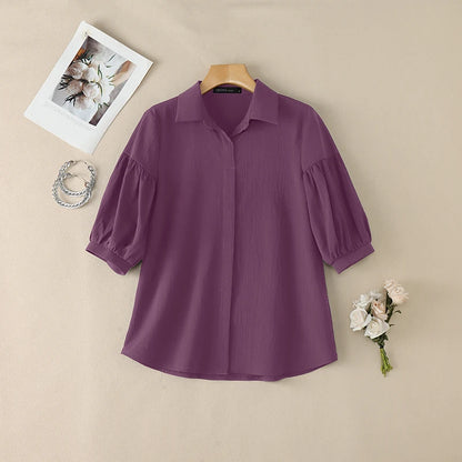 ZANZEA Women's Crinkled Fabric Casual Shirts Turn-Down Collar Half-Buttons 3/4 Lantern Sleeve Blouses Minimalist Solid Color Top