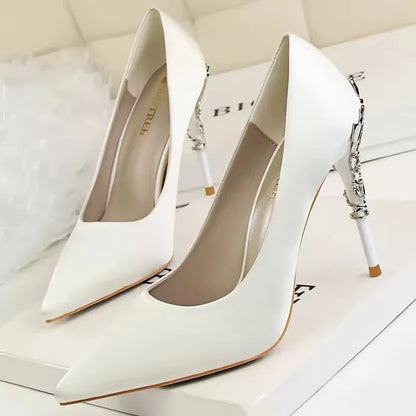 BIGTREE Shoes Women Pumps Flower Carved Metal Heel Women Shoes Fashion Wedding Shoes Satins Stilettos Heels 10 Cm High Heels