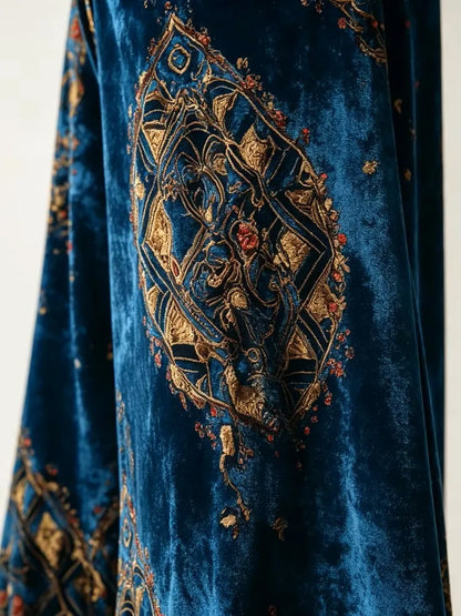 New women's velvet wide-leg pants - high-waisted, thick, soft and elastic, providing good warmth. Blue-green retro oriental geometric print, Bohemian style pocket design. Luxurious pants, suitable for festival parties, office