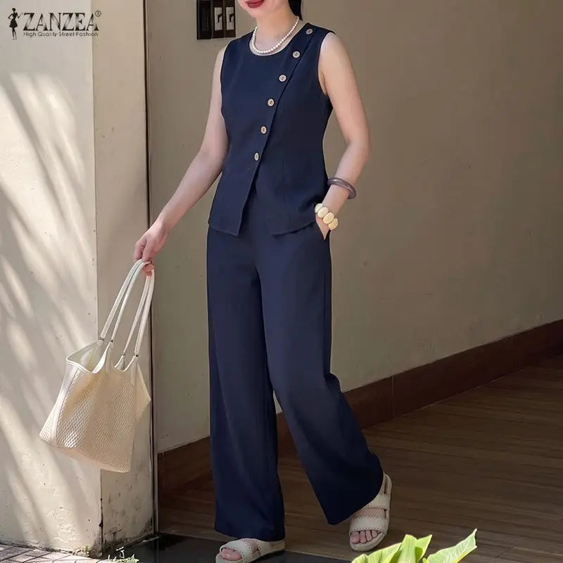 ZANZEA Fashion O Neck Sleeveles Tanks Tops Pants Sets Summer Women Matching Sets Irregular Buttons Up Blouse Trousers OL Outfits