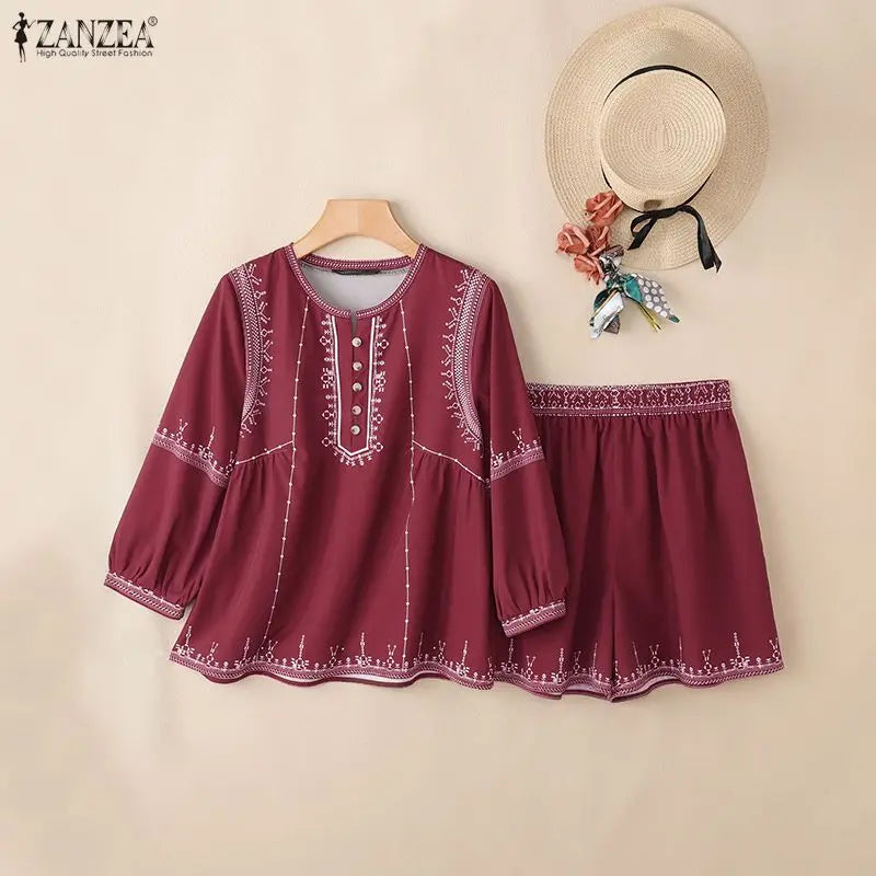 ZANZEA Women 2 Pieces Matching Short Sets 3/4 Puff Sleeve Blouses & Elastic Waist Shorts Suits Summer Vacation Ethnic Print Sets