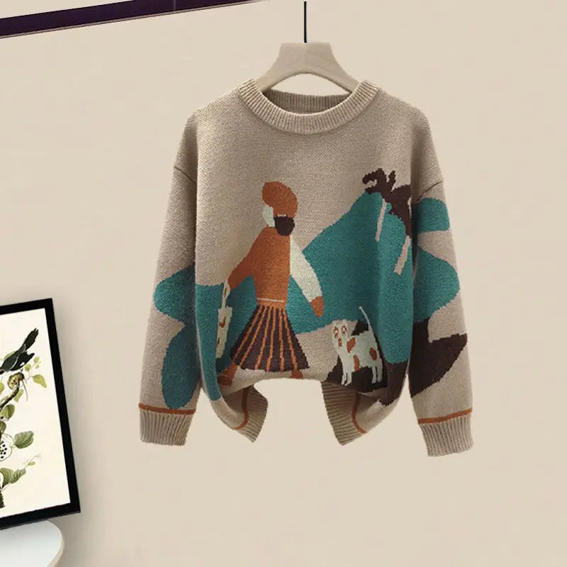 2024 Winter New Cartoon Printed Knitted Sweater Pullover Slim Fit Knitted Skirt Two Piece Elegant Women's Party Dress