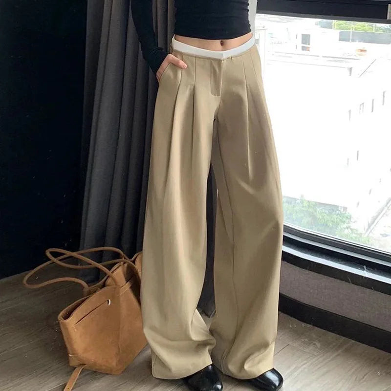 Gray Wide-leg Pants Women White High Waist Splicing Loose Thin Casual Suit Pant Full Length Lady's Solid Autumn Women's Trousers