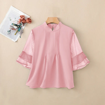 ZANZEA Woman Casual Blouses Pintuck Stand Collar Swiss Dots Patchwork 3/4 Sleeve Tops 2026 Summer Elegant Chic Blusas de Mujer