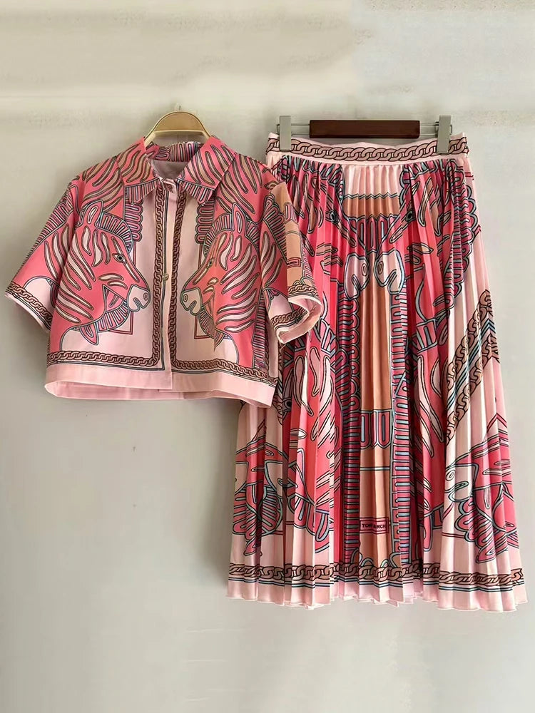 Retro geometric print lapel short shirt two-piece set 2026 summer women's clothing + loose large size pleated skirt fashion suit