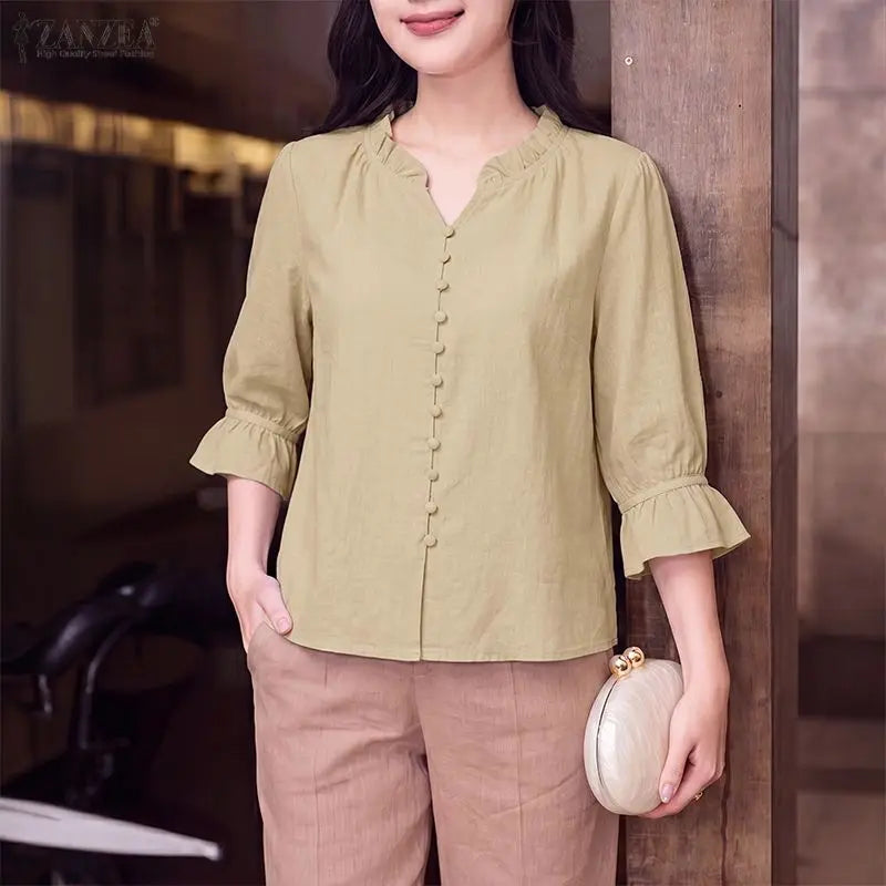 ZANZEA 2026 Women Cotton Linen Breathable Blouses Ruffled Trim V-Neck 3/4 Sleeve Thin Tops Summer Casual Solid Color Blusa Mujer