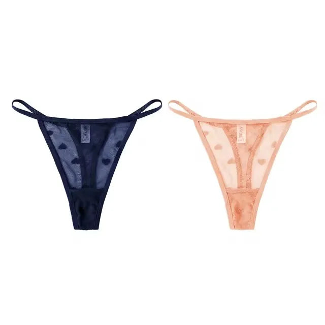 2Pcs Heart See Through Mesh G-String T-Pants Underpants Sexy Lace Sheer Underwear Women's Low Waist  Lingerie Thong Panties