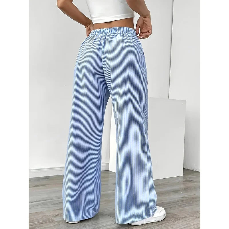New Women's Casual Striped Blue Pocket Pants Fashionable Popular Sports Trousers for Ladies