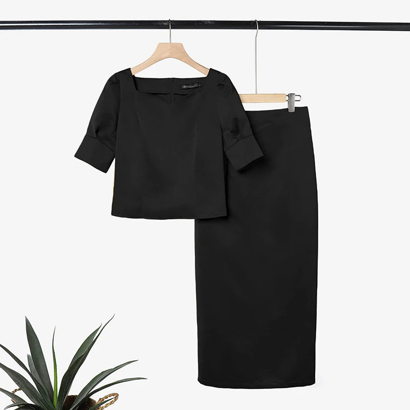 ZANZEA Women's Elegant Satin Skirt Sets Square Neck Short Puff Sleeve Crop Tops & Maxi Skirts 2 Pieces Suits Classy Party Outfit