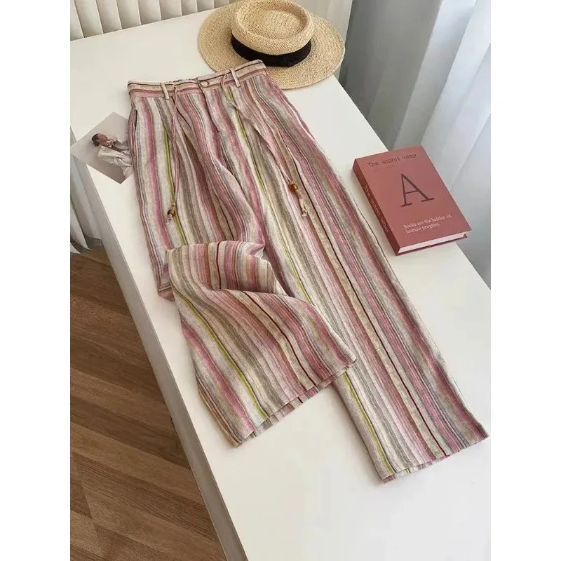 Women's Pink Striped Linen Wide Leg Pants High Waist Loose Fit Casual Summer Trousers with Drawstring