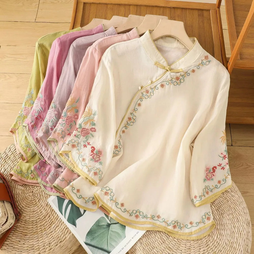 Casual Loose Blouse Shirt Women Clothes Summer Cotton Linen Ladies Tops Tee Blusas Vintage Embroidery Woman Shirt Camiseta Mujer