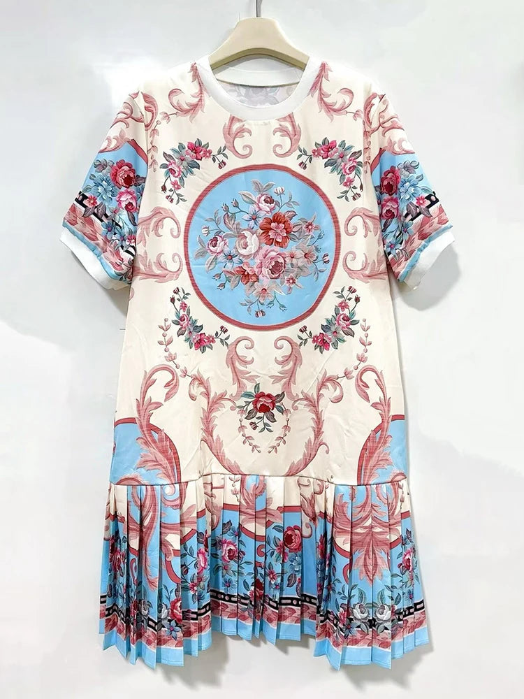 Retro geometric print round neck pullover dress 2026 summer women's T-shirt skirt fashionable loose oversized puffy skirt
