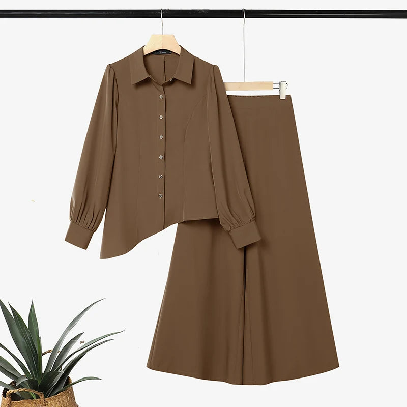 ZANZEA Women Two Piece Pants Suit Long Lantern Sleeve Asymmetrical Blouse Wide Leg Trousers Office Outfits Solid Matching Sets