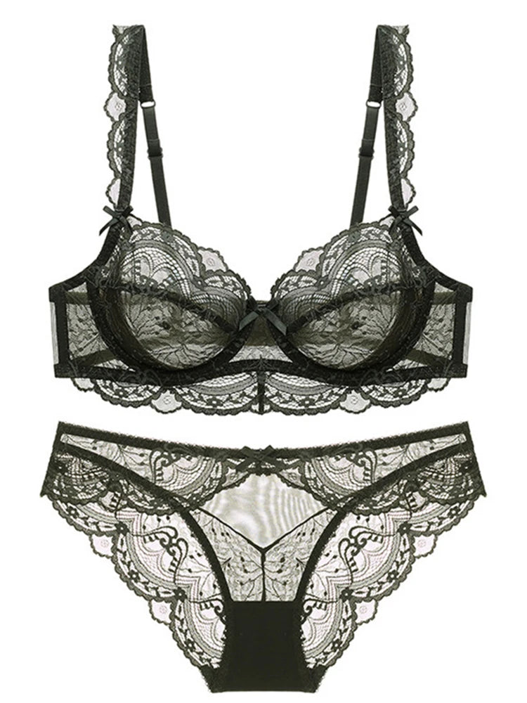 Sexy Lace Ultra Thin Transparent Bra and Panties Set Underwear Set Lingerie Women Brassieres A B C D E Cup 95C 95D