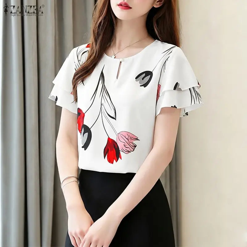 ZANZEA Woman Summer Floral Print Pullover Blouses Layered Ruffles Sleeves Keyhole O-Neck Blusas Mujer Daily Casual Dates Tops
