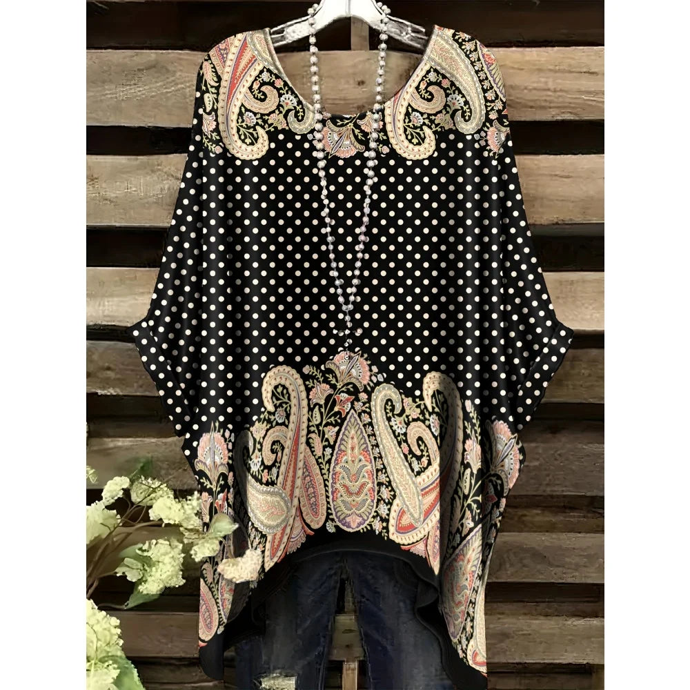 Bohemian Floral Tunic Plus Size Women's Bohemian Floral Print Tunic T-Shirt Short Sleeve Round Neck Casual Top Vibrant 2025